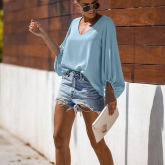 New Sky Blue Bells Balloon Sleeve Top - Picture 3 of 4